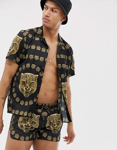 Рубашка от комплекта с тигровым принтом и отложным воротником Hermano-Черный