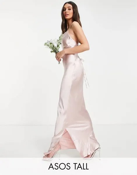 Блестящее атласное платье макси на бретельках ASOS DESIGN Tall Bridesmaid с румяной шнуровкой на спине