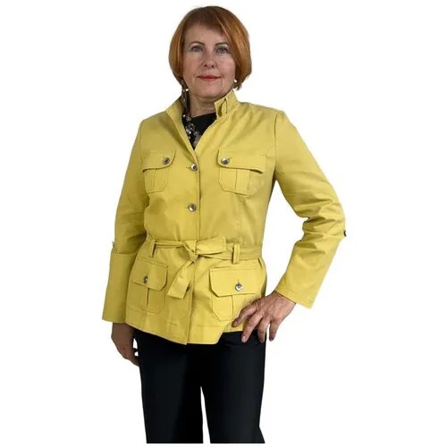 Пиджак ТекСтиль, средней длины, силуэт прямой, с поясом, размер 56, горчичный