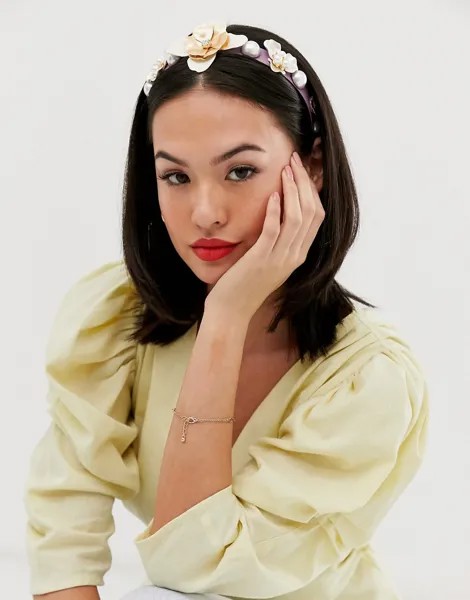 Обруч для волос с цветами и искусственным жемчугом ASOS DESIGN-Фиолетовый