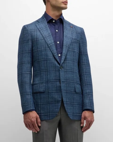Мужская синяя спортивная куртка в клетку с оконным стеклом Isaia, цвет Medium Blu