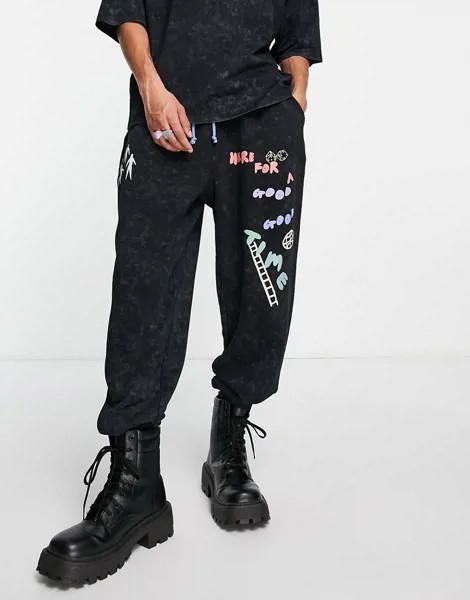 Черные выбеленные джоггеры в стиле oversized с разными принтами и логотипом от комплекта ASOS Daysocial-Черный цвет