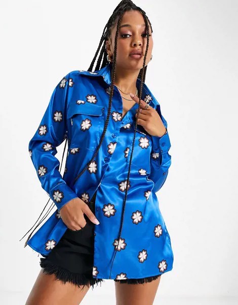 Эксклюзивная пижамная oversized-рубашка кобальтового цвета с геометрическим принтом от комплекта John Zack-Разноцветный