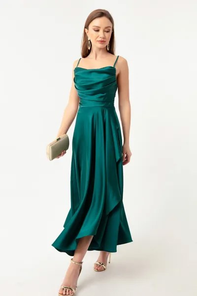 Женское изумрудно-зеленое атласное вечернее платье миди с разрезом и воланами, вечернее платье и выпускное платье Lafaba, зеленый