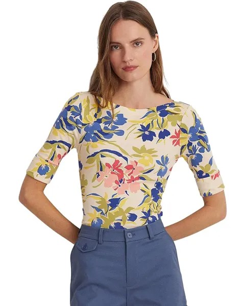 Футболка LAUREN Ralph Lauren Petite Floral Stretch Cotton Boatneck, цвет Cream/Blue/Multi