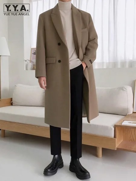 Зимнее мужское двубортное длинное шерстяное пальто в британском стиле, плотная прямая ветровка с подкладкой, деловой Повседневный Тренч, пальто