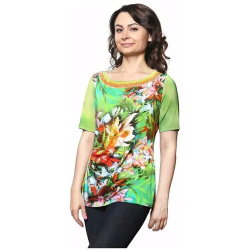 Блуза  Le Fate, короткий рукав, флористический принт, размер 48, зеленый