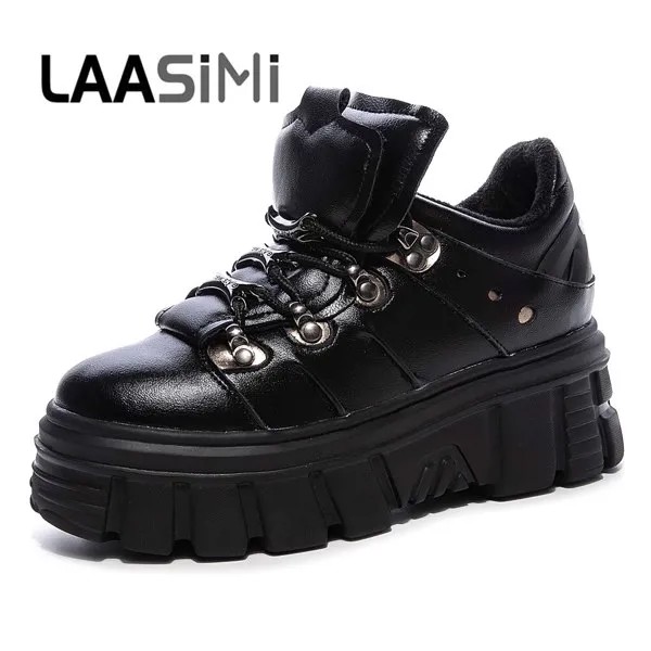 Кроссовки LAASIMI женские с заклепками, спортивная обувь на платформе, обувь из натуральной кожи, толстая подошва, криперы на шнуровке