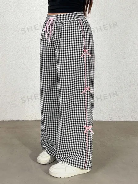 EZwear Широкие брюки, черно-белый узор в клетку, контраст, галстук-бабочка, большие размеры, легкая посадка Shein, черно-белый
