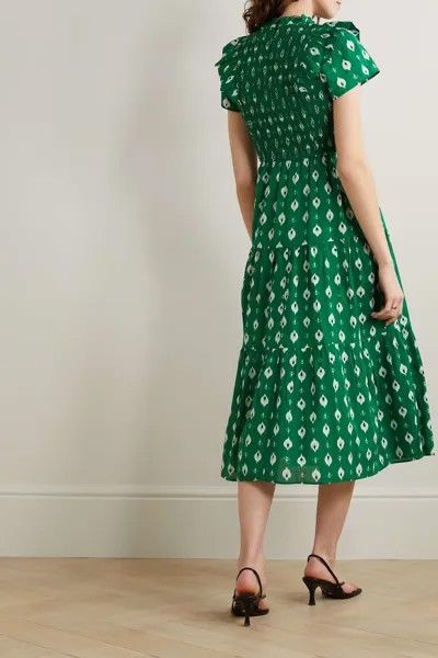CEFINN Ярусное платье миди Sabrina с присборенным принтом и вуалью из смесового хлопка, зеленый