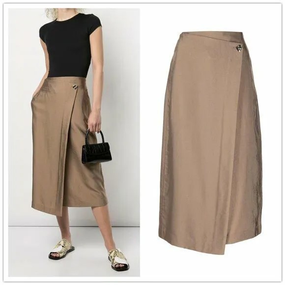 VINCE Myr Бежево-коричневая асимметричная юбка с запахом спереди на одной пуговице, 12 шт., с карманами