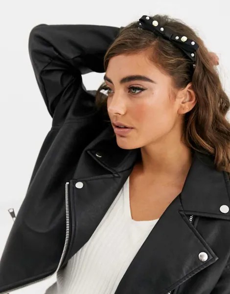 Черный бархатный обруч с отделкой из искусственного жемчуга ASOS DESIGN