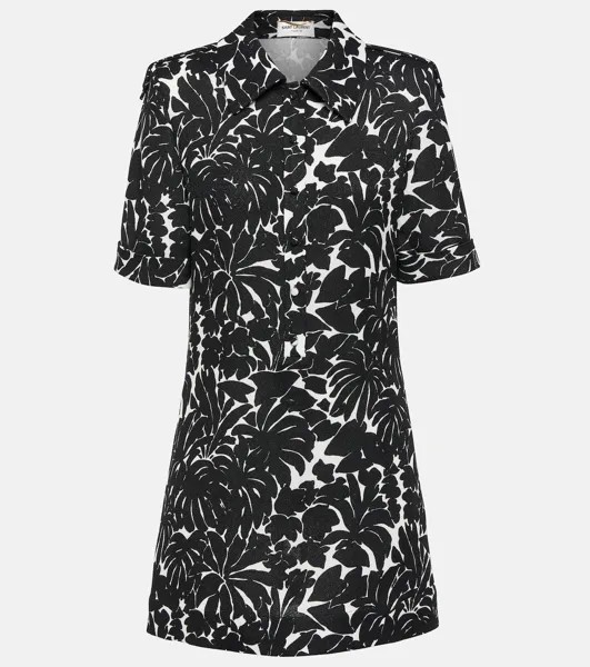 Платье-Рубашка из джерси с цветочным принтом Saint Laurent, черный