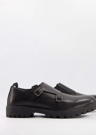 Черные кожаные монки с двойным ремешком ASOS DESIGN-Черный цвет