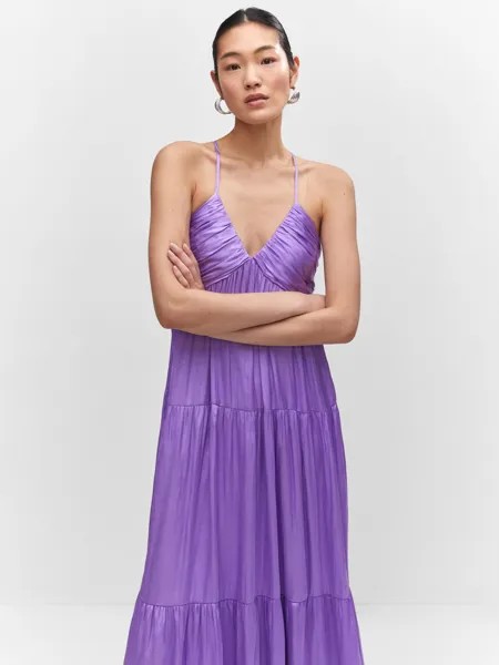Многоярусное атласное платье макси со сборками Mango Katy, светло-фиолетовое