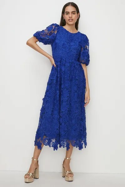 Кружевное платье миди с пышными рукавами Oasis, синий