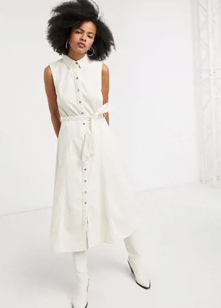 Кремовое джинсовое платье-рубашка миди с поясом Object-Белый