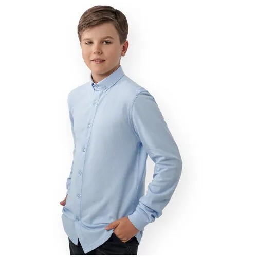 Школьная рубашка Winkiki, прямой силуэт, на пуговицах, длинный рукав, без карманов, манжеты, трикотажная, однотонная, размер 122, голубой