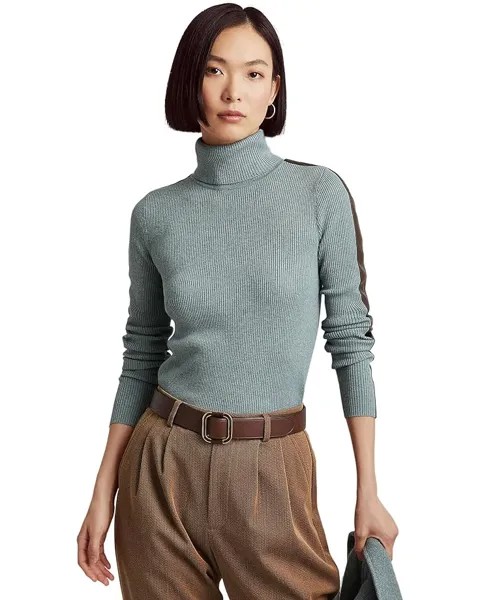 Свитер LAUREN Ralph Lauren Petite Faux-Leather-Trim Turtleneck Sweater, цвет Light Teal Heather/Chocolate