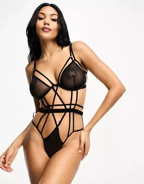 Черное боди на косточках из бархата и сетки с ремешками ASOS Fuller Bust Tina