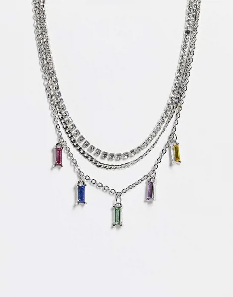 Серебристое ярусное ожерелье-чокер с радужными кристаллами Topshop-Серебристый