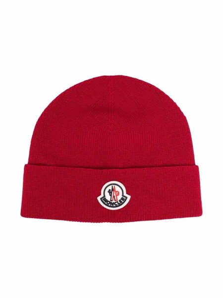 Moncler Enfant шапка бини в рубчик с нашивкой-логотипом