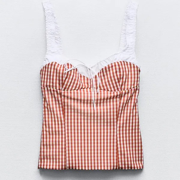 Топ Zara Contrast Gingham, красно-коричневый/экрю