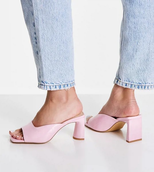 Розовые босоножки-мюли на каблуке с квадратным носком для широкой стопы London Rebel-Розовый цвет