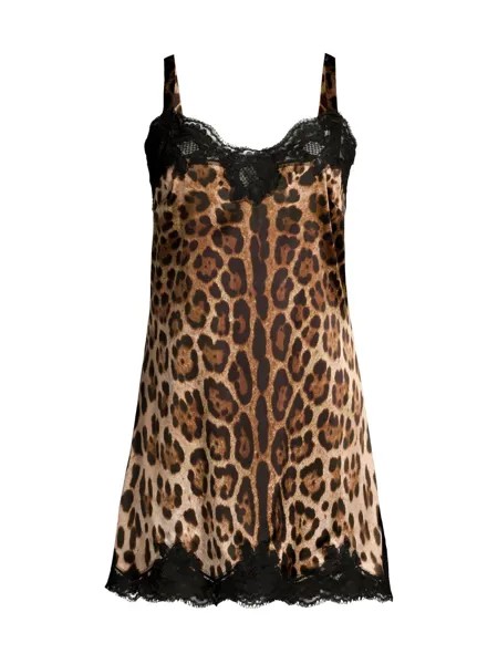 Шелковое платье-комбинация с гепардовым принтом и кружевом DOLCE&GABBANA