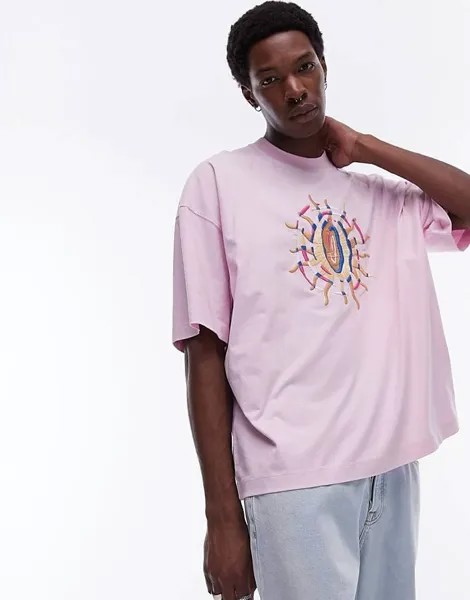Футболка Topman Extreme Oversize With Embroidered Sun Pattern And Washed Effect, розовый