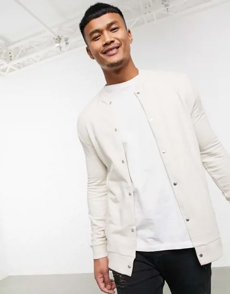 Бежевый трикотажный бомбер обтягивающего кроя на кнопках ASOS DESIGN-Neutral