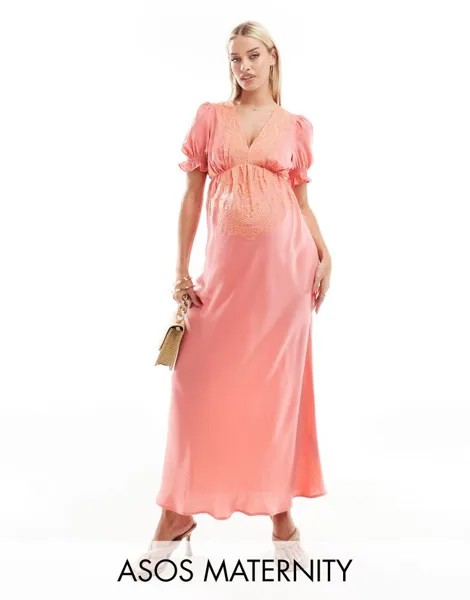 Розовое атласное чайное платье миди с вышивкой персикового цвета ASOS DESIGN Maternity