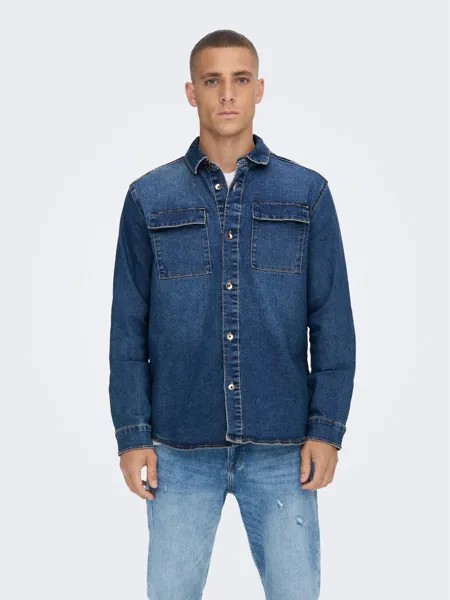 Рубашка ONLY Jeans Denim Langarm Shirt Freizeit Shacket ONSCAMON, синий