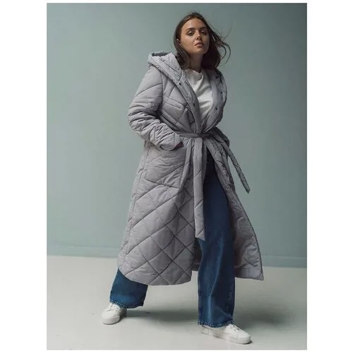 Куртка  Modress демисезонная, удлиненная, силуэт свободный, капюшон, утепленная, стеганая, размер 54, серый