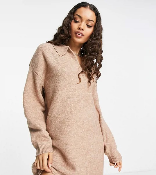 Бежевое вязаное платье мини с воротником ASOS DESIGN Petite-Светло-бежевый цвет