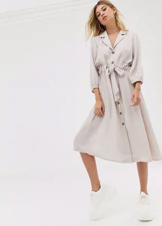 Платье-рубашка миди на пуговицах с присборенной талией ASOS DESIGN-Белый