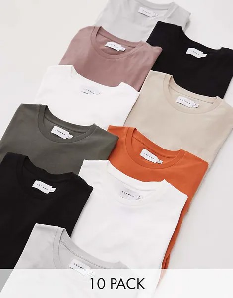 Набор из 10 базовых футболок Topman стандартной посадки черного, белого, светло-серого, каменно-бежевого, ржаво-красного, норкового и хаки