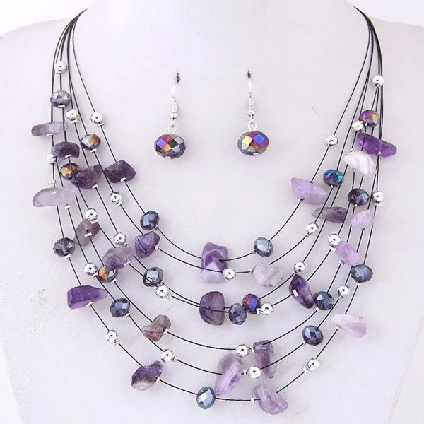Женщины Богемский Кристалл Многослойные Каменные Бусины Заявление Chocker Ожерелье Серьги Набор