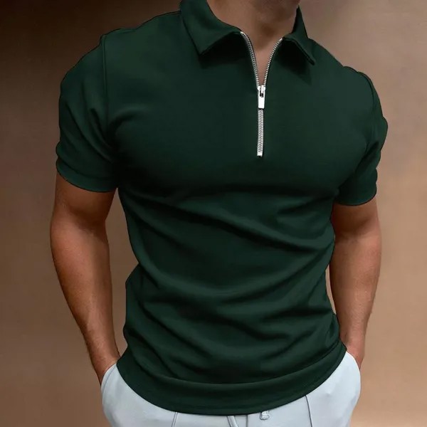 НОВИНКА Мужская однотонная рубашка-поло с коротким рукавом и отложным воротником на молнии Рубашка-поло для мужчин Повседневная уличная одежда 2023 Летние мужские топы
