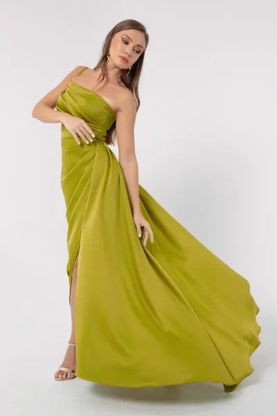 Женское маслянисто-зеленое атласное вечернее платье на одно плечо и выпускное платье Lafaba, зеленый