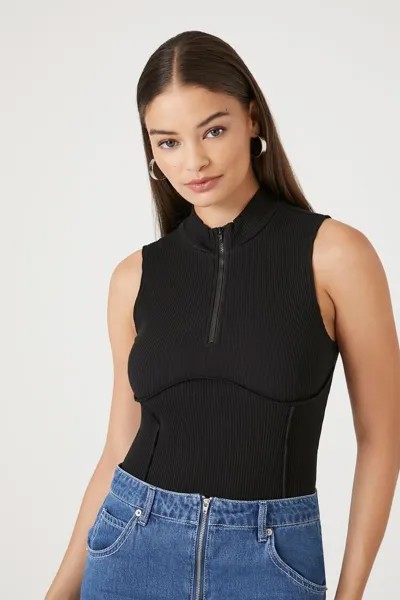 Боди в рубчик с полумолнией до половины Forever 21, черный