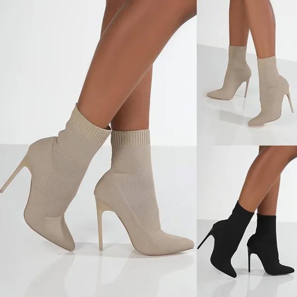 2022 Новые высокие каблуки для женщин Сексуальный заостренный носок Шпилька Короткие сапоги Осень и зима Ботильоны Вязаные высокие каблуки Вязаные женские сапоги