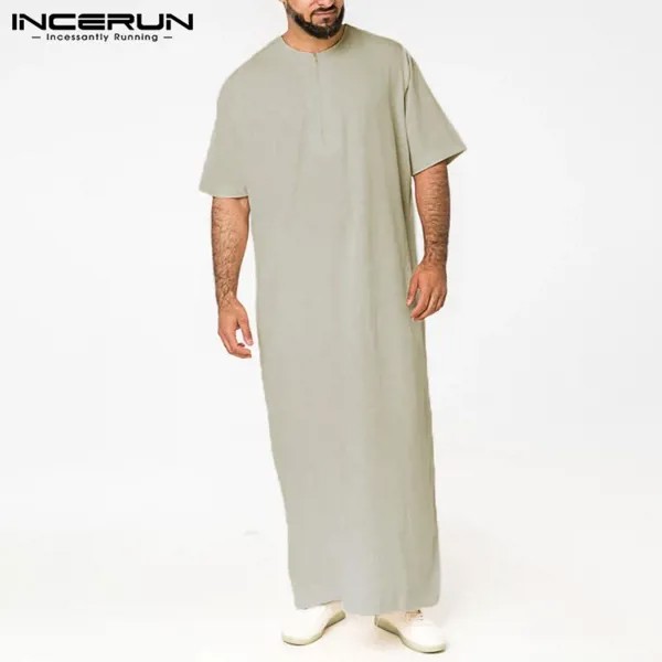 INCERUN S-5XL Мужской с коротким рукавом Мусульманское исламское платье-застегнутое на ремне повседневные однотонные одноцветные Jubba Dubai Kaftan тонкий длинный халат