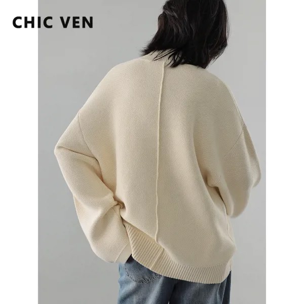 Женский простой пуловер с разрезом, Свободный вязаный однотонный джемпер с воротником средней длины, корейская мода, Осень-зима 2022
