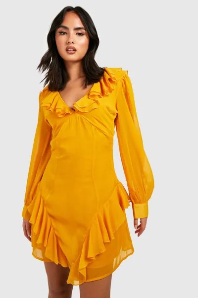 Мини-платье с рюшами Boohoo, горчичный