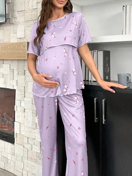 Underwear&Sleepwear Пижамы для беременных, цветочный принт, для кормящих, короткие рукава Shein, мультиколор