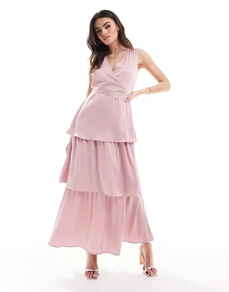 Светло-розовое ярусное атласное платье макси с поясом Vila Bridesmaid