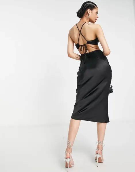 Черное платье миди с разрезом и вырезом на шее Parallel Lines