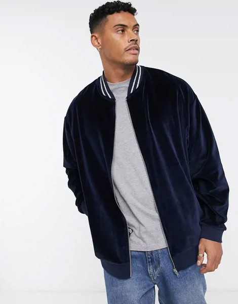 Велюровый oversize-бомбер с серебристым кантом ASOS DESIGN-Темно-синий