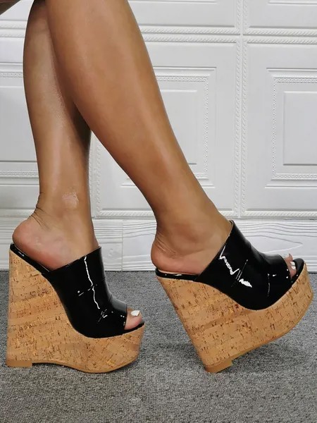 Milanoo Mens High Heel Sexy Sandals Black Patent PU Upper Open Toe Wedge Heel Sexy Shoes Plus Size S
